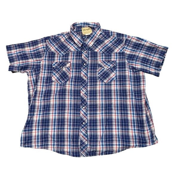 Wrangler Western Cowboy Pearl Snap Shirt Blue Red Plaid Short Sleeve 3XL - Picture 1 of 7